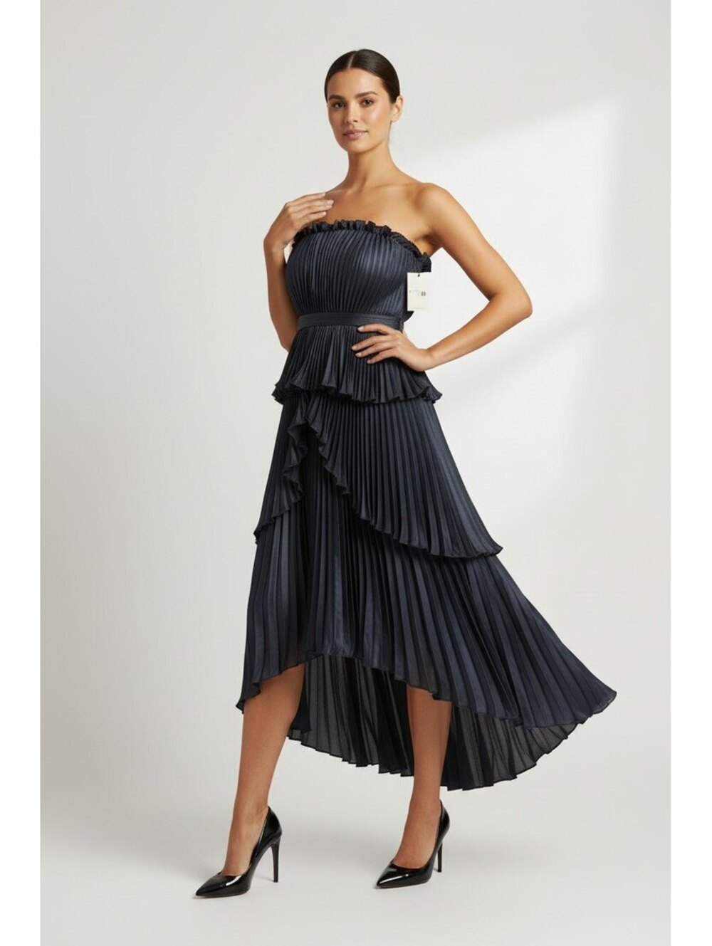AMUR Janey Tiered Shell Midi Dress Navy Size 8